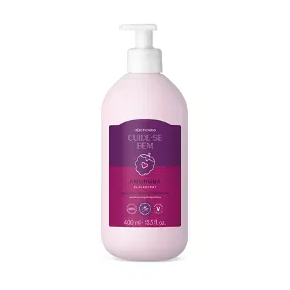 Frasco branco e rótulo roxo com ilustração de amora contendo 400ml de loção hidratante corporal da marca Cuide-se Bem Amoruda.