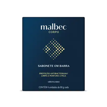 Imagem de uma caixa contendo sabonete em barra da marca Malbec, com embalagem azul-marinho e pontos dourados, contendo informações sobre proteção antibacteriana e limpeza perfumada.