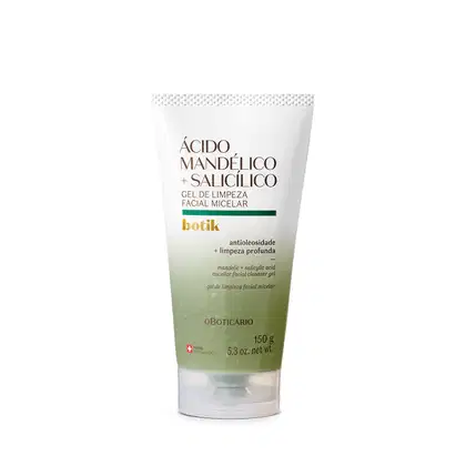 Imagem de um gel de limpeza facial micelar com ácido mandélico e ácido salicílico da marca Botik, em embalagem branca com detalhes verdes, contendo informações sobre propriedades antioléosidade e limpeza profunda.
