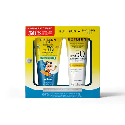 Embalagem de papelão promocional contendo dois protetores solares Boti.Sun, sendo um para o corpo com FPS 50 e outro infantil com FPS 70, em bisnagas de plástico em tons de amarelo e azul, com informações sobre os produtos impressas nos rótulos.