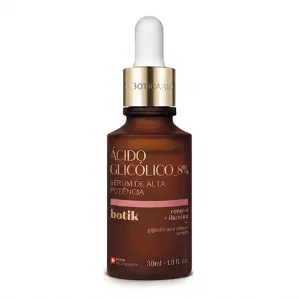 Frasco de vidro marrom com conta-gotas e rótulo dourado com texto "Ácido Glicólico 8% - Sérum de alta potência" da marca Botik, produto de cuidados para a pele que renova e ilumina.