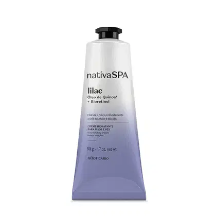 Imagem da bisnaga branca e lilás da marca Nativa SPA Lilac com tampa e rótulo pretos, contendo creme hidratante para mãos e pés com óleo de quinoa e bioretinol. A embalagem possui 50g.