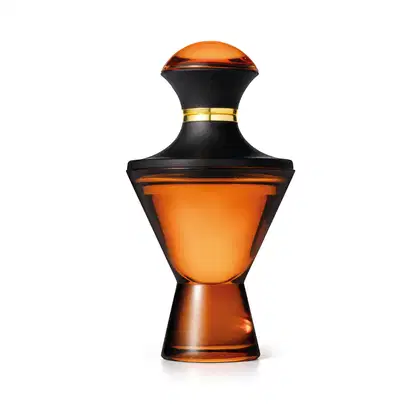 Imagem de um frasco marrom e preto de Eau de Parfum da marca Hadiya com um formato cônico e elegante, com tampa arredondada, em tons de laranja e preto. A embalagem traz 75ml do produto.