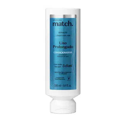 Frasco branco de condicionador da marca Match, com rótulo azul destacando os ingredientes Keraliss e Pantenol 100. Produto de liso prolongado, indicado para fios lisos naturais ou alisados.