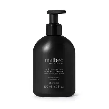 Frasco preto de 200 ml de loção corporal hidratante da marca Malbec Black Legend. O frasco possui um rótulo com o nome da marca e informações sobre o produto em português.