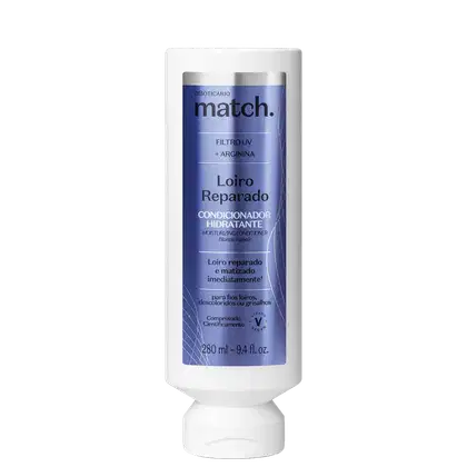 Frasco branco de condicionador hidratante da marca Match, com rótulo azul e prata destacando os ingredientes "Filtro UV" e "Arginina". Produto para cabelos loiros reparados e matizados.