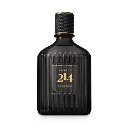 Frasco de vidro preto canelado com rótulo dourado e tampa texturizada de eau de parfum da marca Botica 214 Dark Mint.