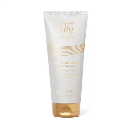 Imagem de um frasco branco com tampa e rótulo dourados da linha L'eau de Lily Blanche, contendo 200ml de creme de banho acetinado.