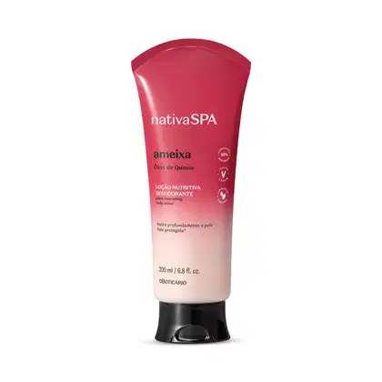 Frasco plástico em degradê de rosa para o branco e tampa preta da marca Nativa SPA Ameixa contendo texto "Óleo de Quinoa" e informações sobre loção nutritiva desodorante para o corpo.