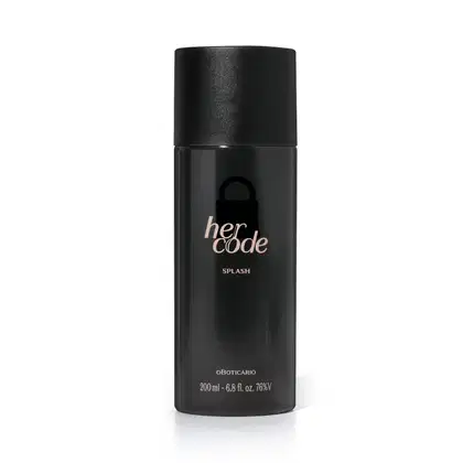 Frasco preto deBody Splash Desodorante Colônia Her Code, com rótulo em preto e rosa, contendo 200 ml do produto.