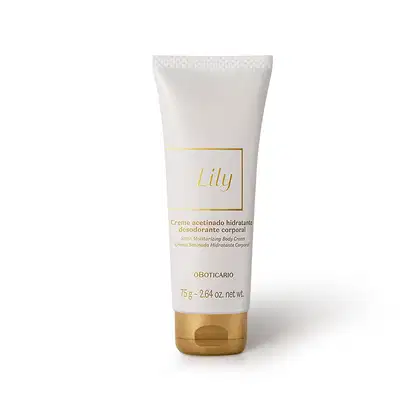 Imagem de um frasco do creme hidratante corporal da marca Lily em embalagem branca com detalhes dourados, contendo texto com nome da marca e informações sobre o produto.