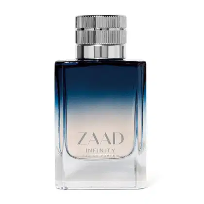 Frasco de item de perfumaria da marca Zaad, com design degradê azul e branco, rótulo com nome "Infinity" em letras prateadas, tampa metálica estriada.