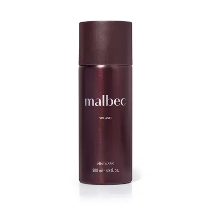 Frasco de perfume Malbec Splash, com embalagem em tons de vinho e roxo escuro, contendo 200 ml do produto. O rótulo apresenta o nome da marca "Malbec" em destaque.