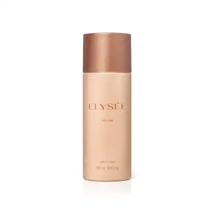 Frasco de item de perfumaria da marca Elysèe, na cor rosa claro, com tampa na cor rosé gold, e texto escrito em tons dourados a no rótulo o nome da marca, a palavra "SPLASH" e a volumetria.