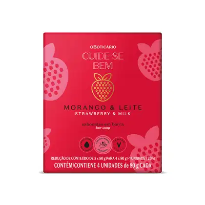Imagem de uma caixa vermelha com ilustrações de morangos cor de rosa contendo quatro barras de sabonete de 80g cada da marca Cuide-se Bem Morango e Leite.