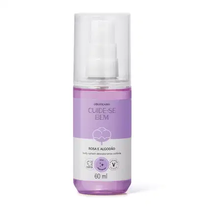 Imagem de um frasco cilíndrico transparente de body splash da marca Cuide-se Bem Rosa e Algodão com líquido rosa, rótulo bicolor lilás e branco com ilustração de um floco de algodão.