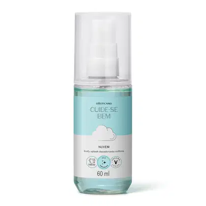 Frasco de 60 ml de body splash desodorante colônia da linha Cuide-se Bem, com embalagem transparente e rótulo na cor verde-azulada com nuvem branca, indicando o nome "Nuvem".