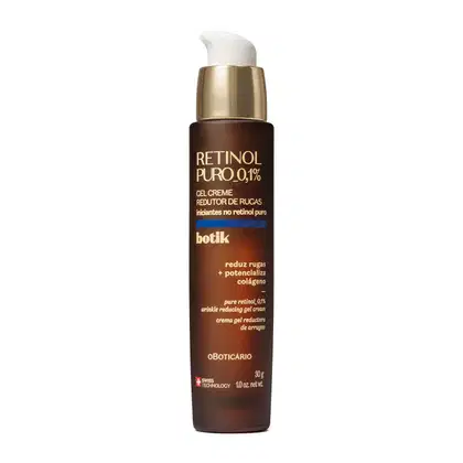Frasco de gel creme redutor de rugas com 0,1% de retinol puro, embalagem marrom com detalhes dourados, marca Botik visível no rótulo, promove redução de rugas e potencializa colágeno. Válvula dosadora tipo pump na cor branca com base rosqueável dourada.