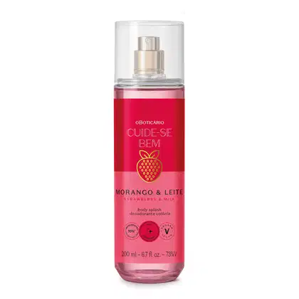 Imagem de um frasco transparente e líquido rosa de body splash Cuide-se Bem Morango e Leite com rótulo vermelho e rosa, contendo texto e imagem de morango.