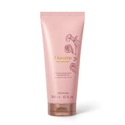 Frasco rosa com rótulo "Floratta Rose Bouquet", contendo loção hidratante desodorante corporal de 200 ml. Embalagem com textura e desenhos florais, destacando a fragrância de rosas.