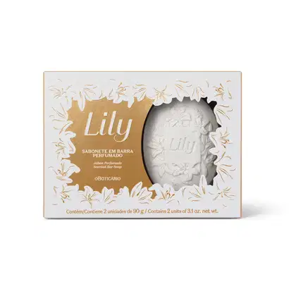 Caixa de sabonete em barra perfumado Lily, com design floral em relevo e texto dourado. Contém 2 unidades de 90g cada, em embalagem branca e dourada.