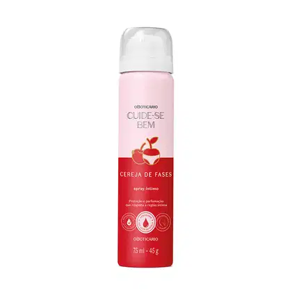 Spray íntimo Cuide-se Bem com fragrância de cereja, em embalagem rosa e vermelha de 75 ml, com proteção e perfumação para a região íntima.