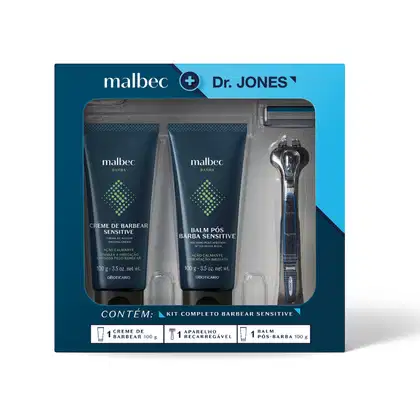 Imagem de um kit completo de produtos para barbear da marca Malbec Sensitive e Dr. Jones, contendo creme de barbear, balm pós-barba e aparelho recarregável em embalagens em tons de azul.
