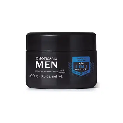 Pote preto de pomada capilar da marca O Boticário Men, com rótulo com detalhes em azul e texto "Pomada Capilar Ação 4 em 1 Alta Fixação" em branco.
