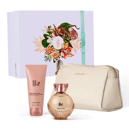 Imagem do kit de presente Liz contendo creme hidratante corporal em embalagem rosa, desodorante colônia em vidro fosco e tampa dourada, nécessaire bege e caixa de presente branca com ilustração floral.