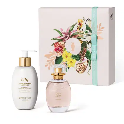 Imagem de uma caixa branca de presentes decorada com estampa floral, um vidro branco com bomba dosadora branca e dourada contendo creme de banho acetinado da marca Lily e o luxuoso desodorante colônia da mesma marca, em vidro transparente e tampa dourada.