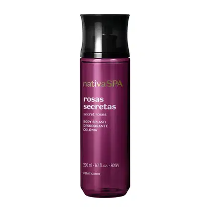 Imagem de um frasco de body splash corporal da marca Nativa SPA, com rótulo em tom de roxo e texto "Rosas Secretas" em destaque. O produto é apresentado em embalagem roxa com tampa preta e letras brancas.