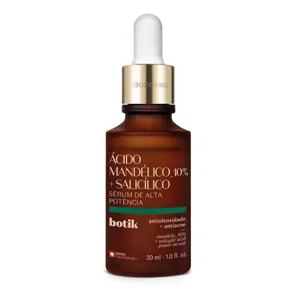 Imagem de um frasco de vidro marrom com conta-gotas e rótulo dourado da marca Botik, contendo sérum de alta potência com ácido mandélico 10% e ácido salicílico, para tratamento antienvelhecimento e antiacne.