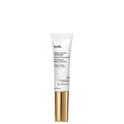 Creme para área dos olhos da marca Botik, em bisnaga branca com detalhes dourados, contendo texto "Creme Olhos Firmador" e "Peptídeos Pró Elastina" no rótulo.