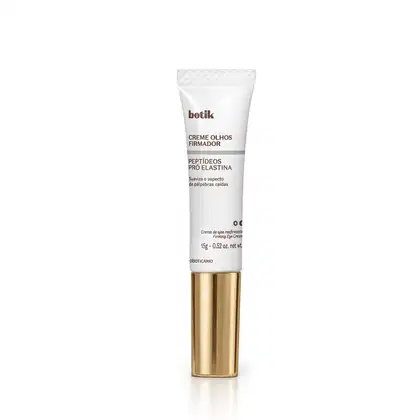 Creme firmador para olhos da marca Botik, em bisnaga branca com detalhes dourados, contendo texto "Creme Olhos Firmador" e "Peptídeos Pró Elastina" no rótulo.