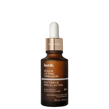 Frasco de sérum lifting firmador da marca Botik, com conta-gotas e rótulo em tons de marrom e dourado, contendo 30 ml do produto "Peptídeos Pró Elastina".