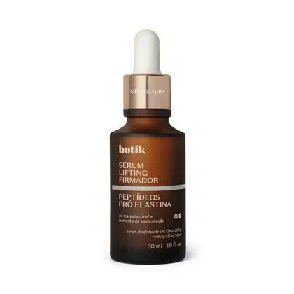 Frasco de vidro âmbar com conta-gotas e rótulo dourado com a marca "botik" e texto "Sérum Lifting Firmador" com informações sobre ingredientes e benefícios.