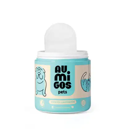 Embalagem de plástico branca e azul clara com rótulo preto e texto "Au mi gos pets" e "Dentes limpinhos". Contém 20 unidades. Produto de cuidados para animais de estimação, provavelmente para higiene bucal.