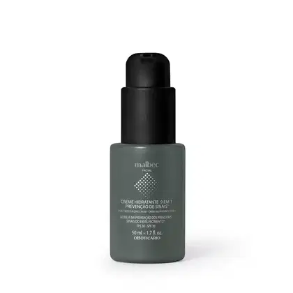 Frasco preto de creme hidratante facial da marca Malbec, com 50 ml de volume. O rótulo apresenta o nome do produto "Creme Hidratante 9 em 1" e informações sobre sua função de prevenção de sinais.