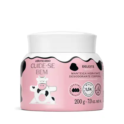 Manteiga hidratante desodorante corporal da marca, com embalagem branca e rosa, apresentando um design gráfico com uma vaca estilizada. O produto é descrito como "Cuide-se Bem".