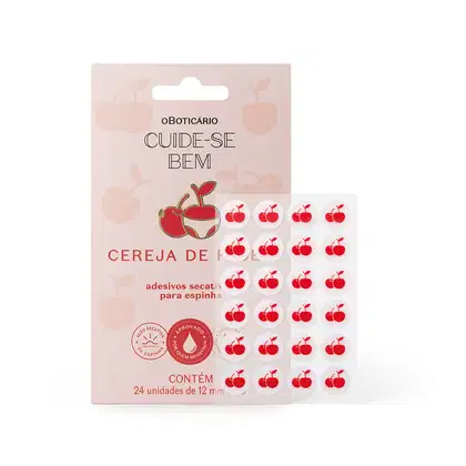 Imagem de embalagem de adesivos secativos para espinha formato de cereja vermelha, com 24 unidades de 12 mm cada. A embalagem possui fundo rosa claro com ilustrações de cerejas e o texto "Cuide-se bem" em destaque.