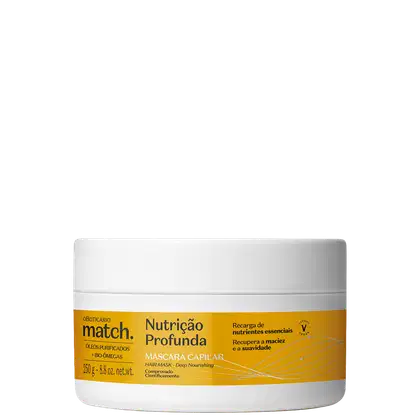 Embalagem branca de máscara capilar da marca Match, com rótulo amarelo destacando "Nutrição Profunda" e informações sobre os ingredientes e benefícios do produto.