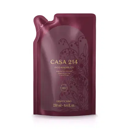 Embalagem refil de sabonete líquido da marca Casa 214, com design elegante em tons de vinho e detalhes em dourado. O rótulo destaca o nome "Figo Magnífico"