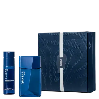 Conjunto de item de perfumaria da marca Quasar, composto por frasco de desodorante spray azul e caixa de presente com textura e design em tons de azul escuro.