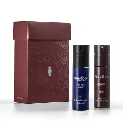 Caixa de presente marrom com textura de ondas, contendo dois frascos de spray corporal da marca Malbec, um na cor azul e outro na cor marrom, com rótulos destacados.