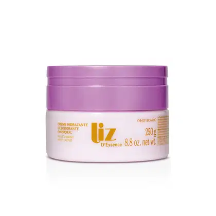 Recipiente de plástico roxo com tampa, contendo 250g de creme hidratante corporal da marca Liz D'Essence. O rótulo apresenta o nome da marca e a informação "Moisturizing Body Cream" em inglês.