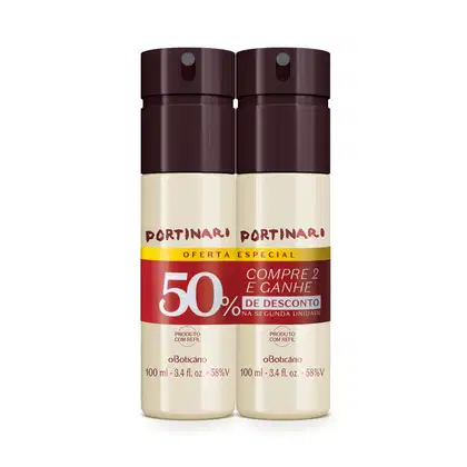 Dois frascos de item de perfumaria da marca Portinari, com tampa marrom escura e parte inferior bege, exibindo promoção de compre 2 e ganhe 50% de desconto na segunda unidade.