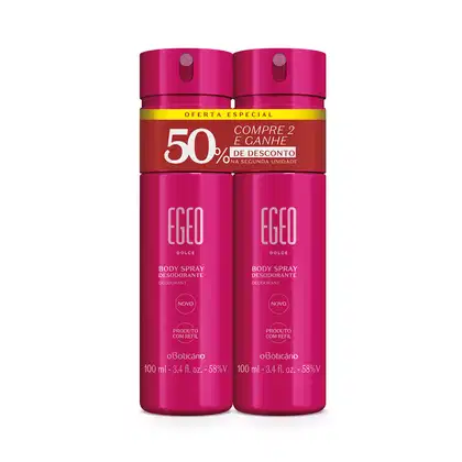 Dois frascos cilíndricos de body spray da marca Egeo Dolce, na cor pink unidos por fita adesiva vermelha e amarela destacando oferta especial de compre 2 e ganhe 50% de desconto na segunda unidade.