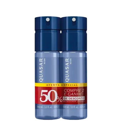Dois frascos azuis da linha Quasar Rush, com 100 ml cada, em oferta especial de compre 2 e ganhe 50% de desconto na segunda unidade.