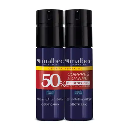 Imagem de dois frascos pretos de body spray da marca Malbec Ultra Bleu, com rótulo na cor prata, oferta especial de comprar 2 e ganhar 50% de desconto na segunda unidade.