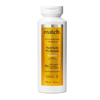 Imagem de um frasco branco de shampoo da marca Match, com rótulo amarelo destacando a linha "Nutrição Profunda" e informações sobre óleos purificados e bio-ômegas em letras pretas.